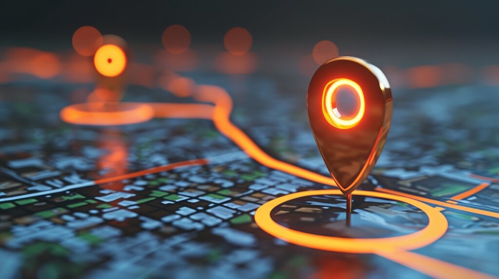 A 3D graphic of a glowing, orange digital pin on a dark map, symbolizing location tracking or navigation.