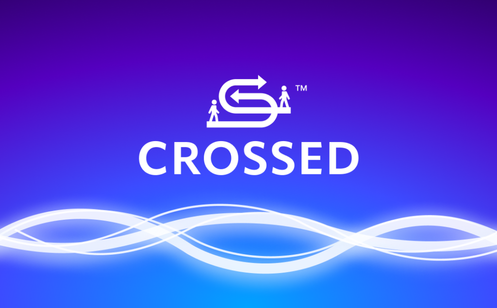 A graphic design with the Crossed logo that features two figures and arrows indicating an exchange, set against a dynamic blue background with wavy lines beneath it.