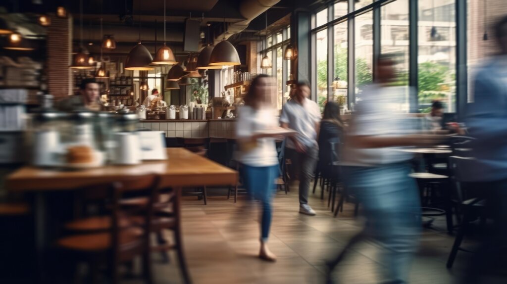 A blurred image of people in motion within a bustling, modern café interior.