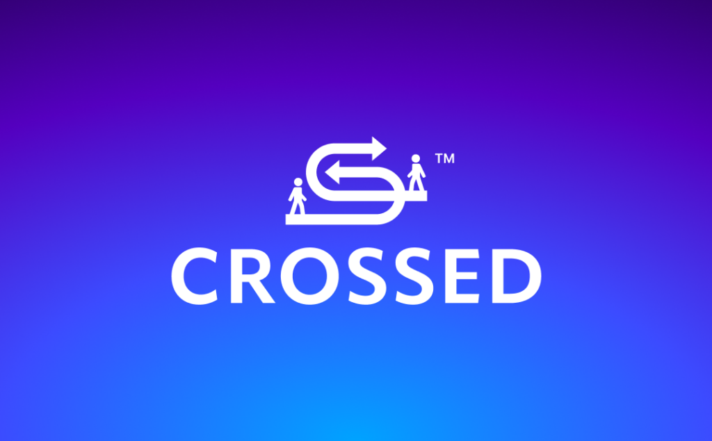 A graphic with the word "CROSSED" in white on a purple background, featuring an icon with two figures and arrows indicating a swap or exchange, and a trademark symbol.